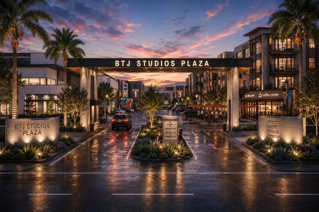 BTJ Studios Plaza entrance at dusk